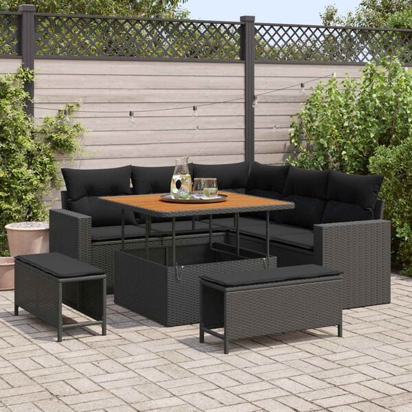 vidaXL Tuinbankenset met kussen 9 pcs Zwart poly rattan