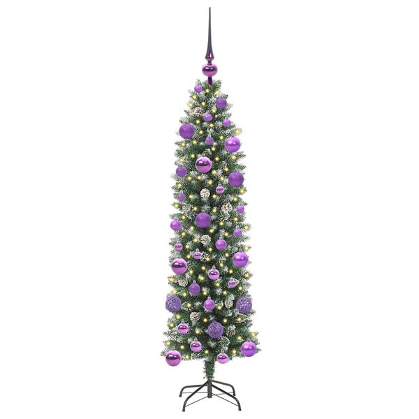 vidaXL Kunstmatige slanke kerstboom met 150 LED Groen en Wit 120 cm