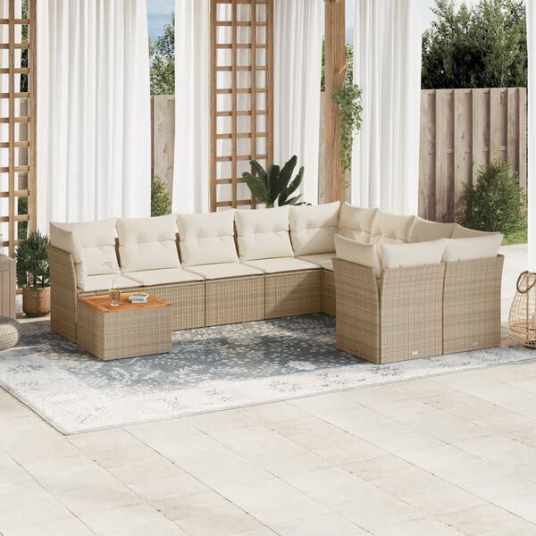 vidaXL 10-delige Loungeset met kussens poly rattan beige