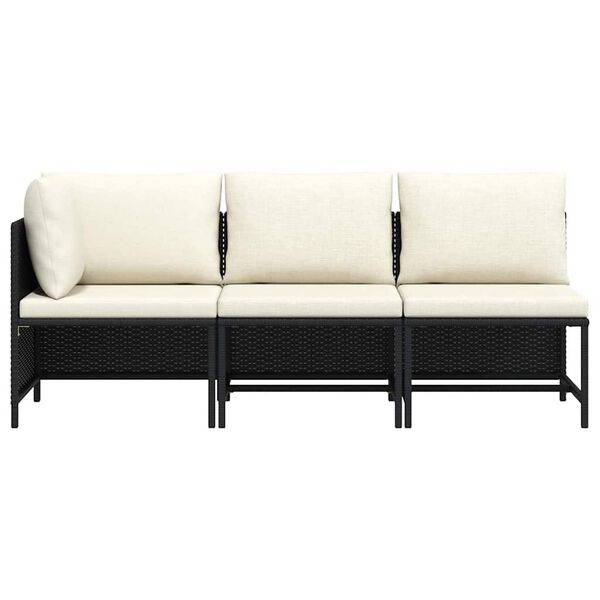 vidaXL 3-delige Loungeset met kussens poly rattan zwart