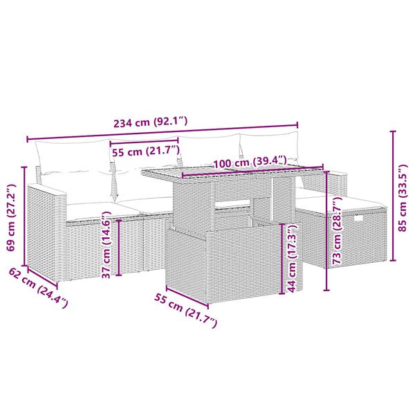 vidaXL 6-delige Loungeset met kussens poly rattan beige