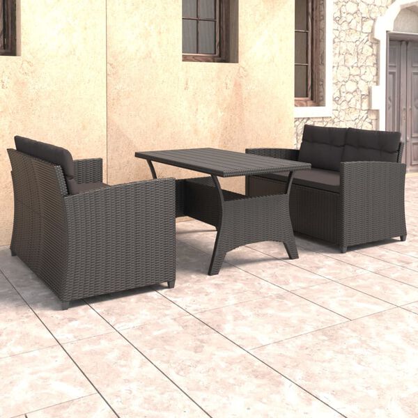vidaXL 3-delige Loungeset met kussens poly rattan zwart