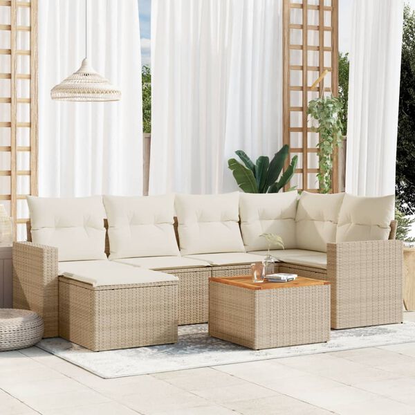 vidaXL 7-delige Loungeset met kussens poly rattan beige
