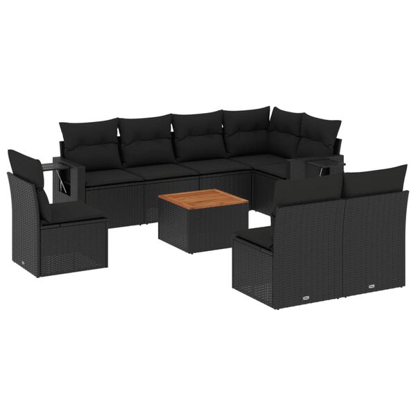 vidaXL 9-delige Loungeset met kussens poly rattan zwart