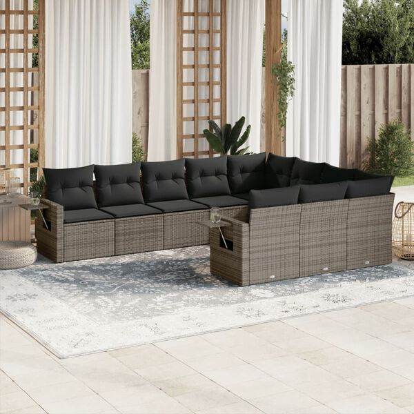 vidaXL 10-delige Loungeset met kussens poly rattan grijs