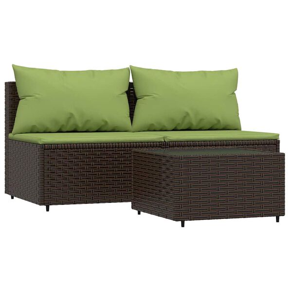 vidaXL 3-delige Loungeset met kussens poly rattan bruin