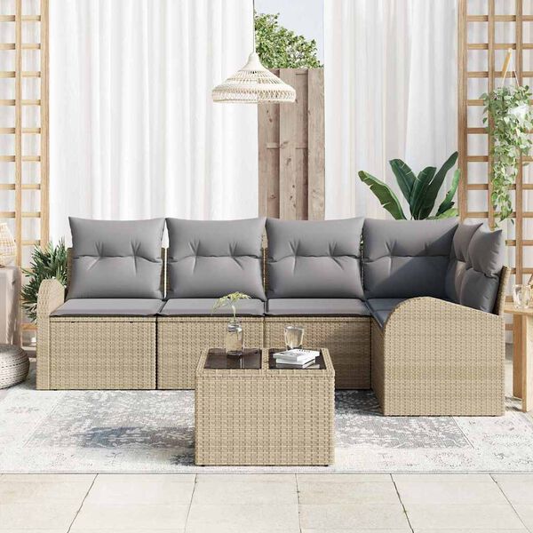 vidaXL Tuin Sofa Set met kussen 6 pcs beige en lichtgrijs Poly riet