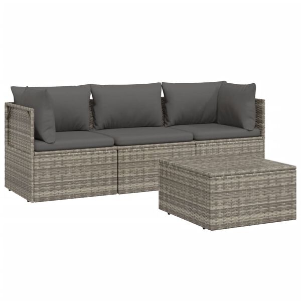 vidaXL 4-delige Loungeset met kussens poly rattan grijs