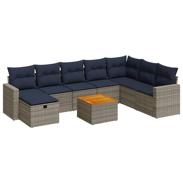 vidaXL 9-delige Loungeset met kussens poly rattan grijs