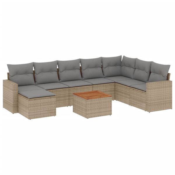 vidaXL 9-delige Loungeset met kussens poly rattan beige