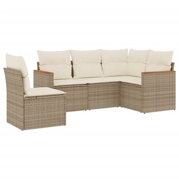 vidaXL 5-delige Loungeset met kussens poly rattan beige
