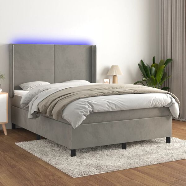vidaXL Boxspring met matras en LED fluweel lichtgrijs 140x200 cm