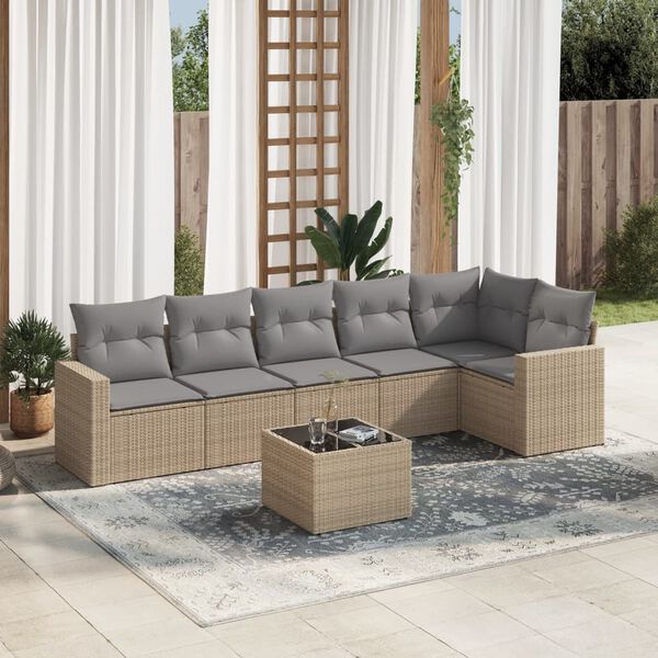 vidaXL 7-delige Loungeset met kussens poly rattan beige