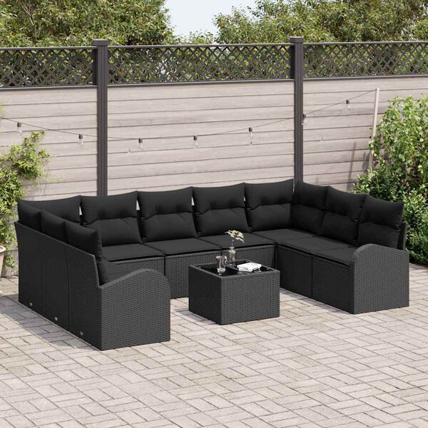 vidaXL Bankstel met kussen 10 pcs Zwart Poly Rattan