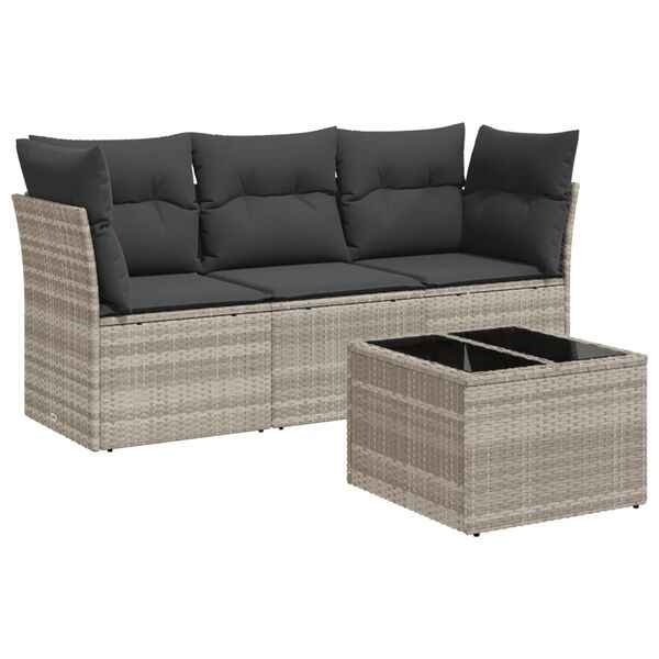 vidaXL 4-delige Loungeset met kussens poly rattan lichtgrijs