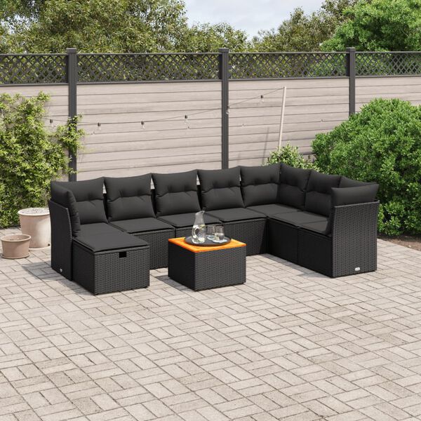 vidaXL 9-delige Loungeset met kussens poly rattan zwart