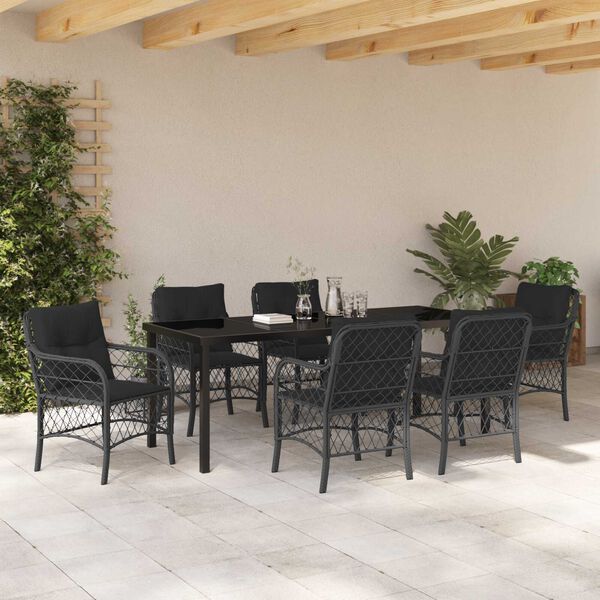 vidaXL Tuin eettafelset met kussen 7 pcs Zwart poly rattan