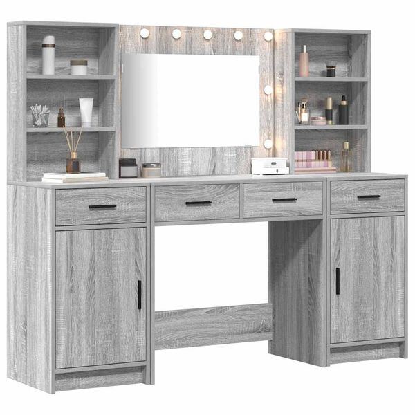 vidaXL Make-up tafel set met LED 3 pcs Grijs Sonoma Bewerkt hout