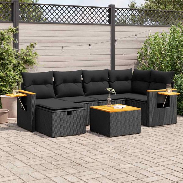 vidaXL 7-delige Loungeset met kussens poly rattan zwart
