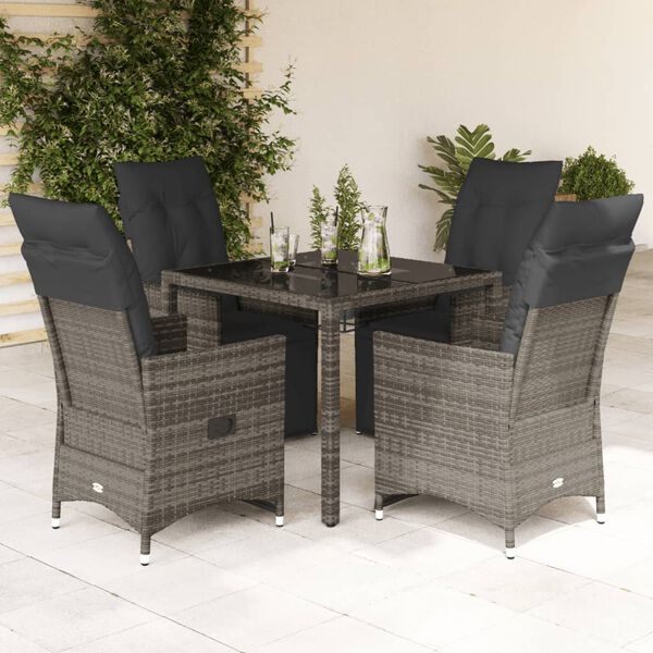 vidaXL 5-delige Bistroset met kussens poly rattan grijs