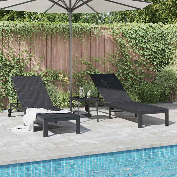 vidaXL Ligstoel met kussen 2-persoon 3 pcs Zwart poly rattan
