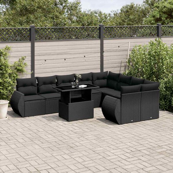 vidaXL 10-delige Loungeset met kussens poly rattan zwart