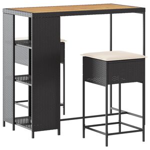 vidaXL 3-delige Tuinbarset met kussens poly rattan zwart