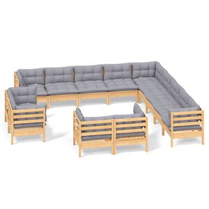 vidaXL 13-delige Loungeset met grijze kussens massief grenenhout