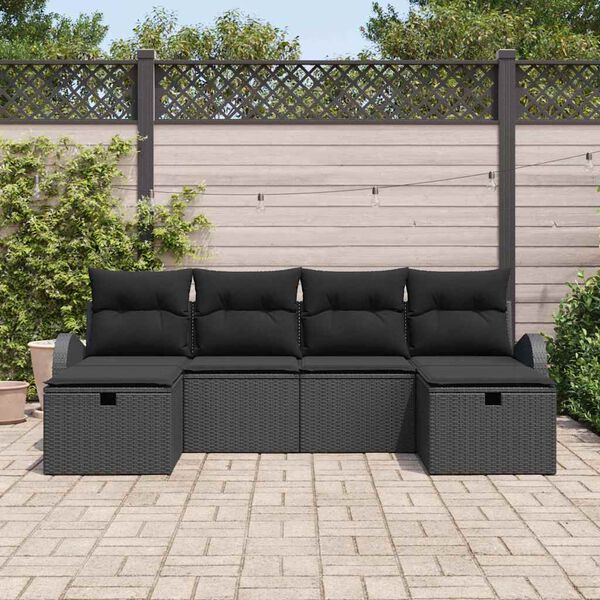 vidaXL Bankstel met kussen met opslag 6 pcs Zwart poly rattan