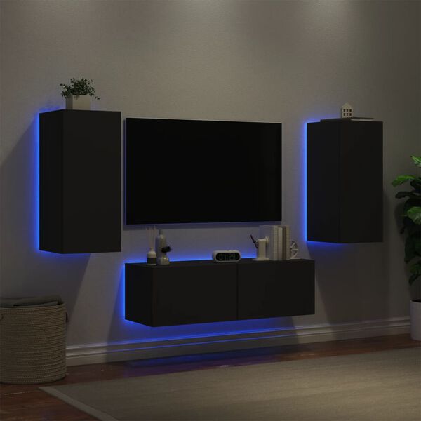 vidaXL 3-delige tv-wandmeubelset met LED-verlichting zwart