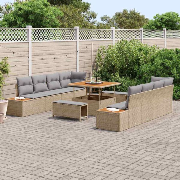 vidaXL Tuinbankenset met kussen met opslag 11 pcs Beige Poly riet