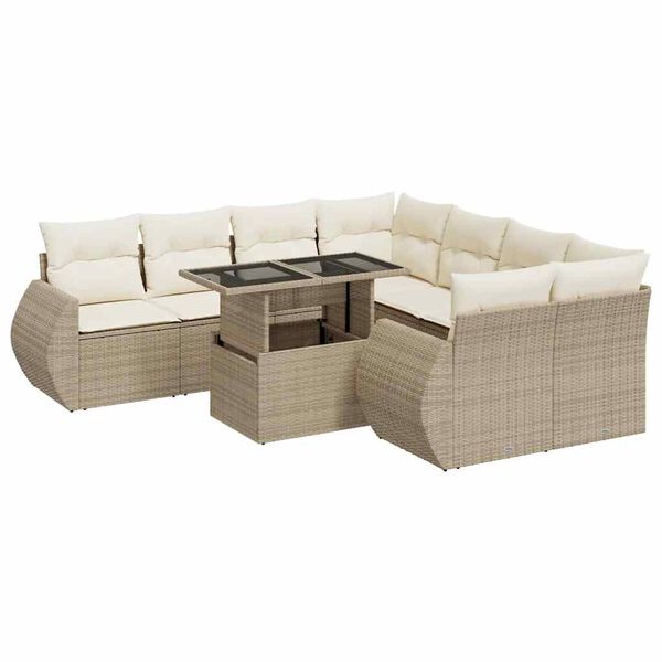 vidaXL 9-delige Loungeset met kussens poly rattan beige