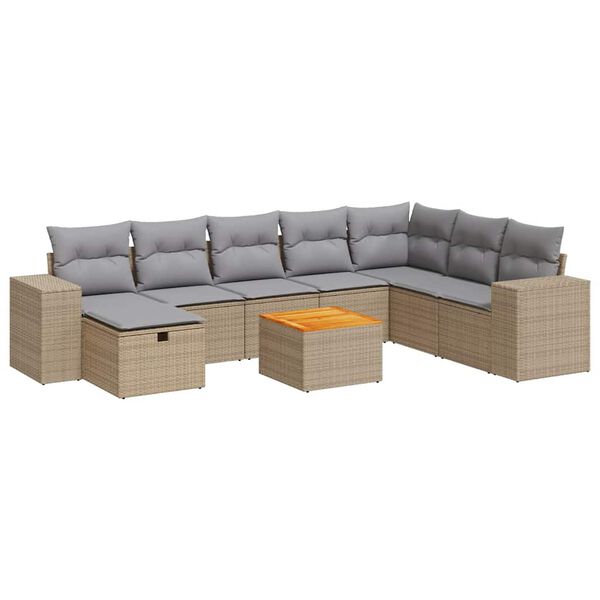 vidaXL 9-delige Loungeset met kussens poly rattan beige