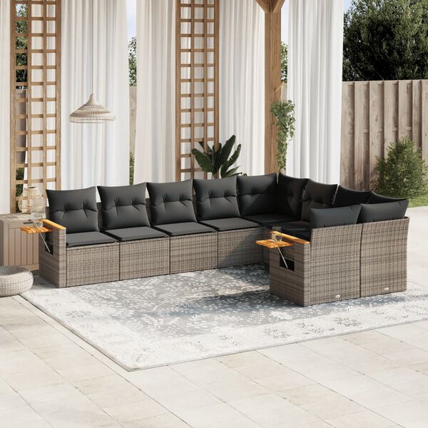 vidaXL 9-delige Loungeset met kussens poly rattan grijs