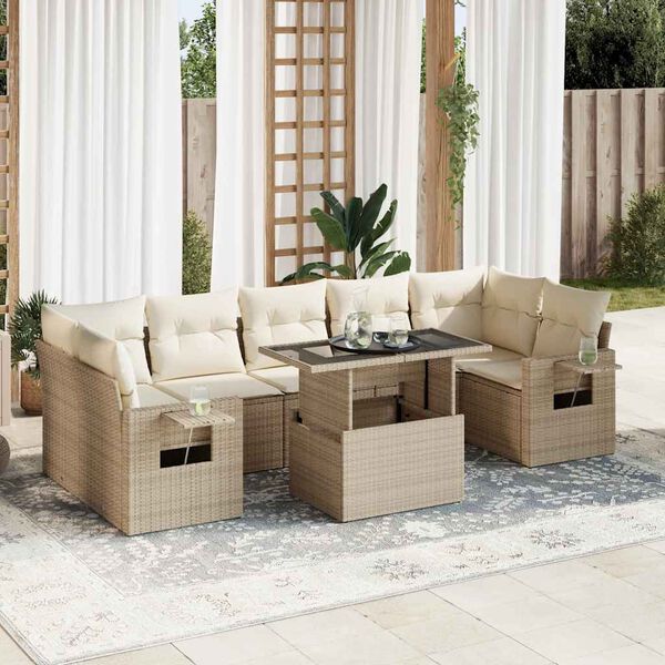 vidaXL 8-delige Loungeset met kussens poly rattan beige