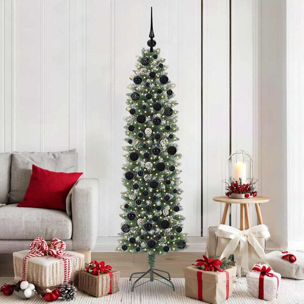 vidaXL Kunstmatige slanke kerstboom met 300 LED Groen en Wit 180 cm