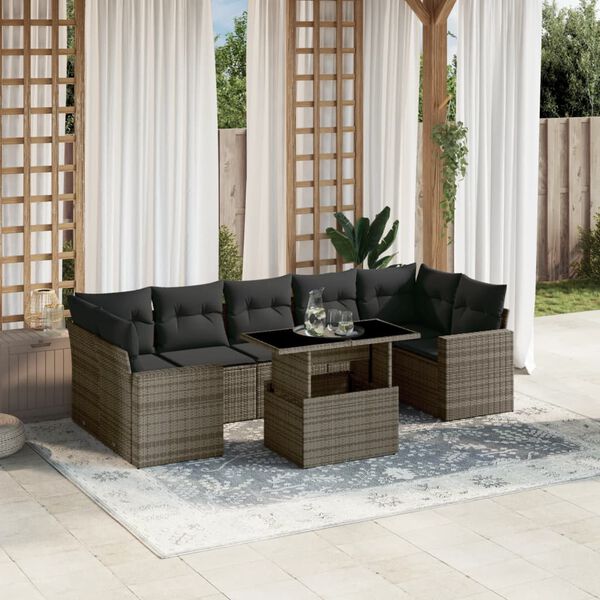 vidaXL 8-delige Loungeset met kussens poly rattan grijs