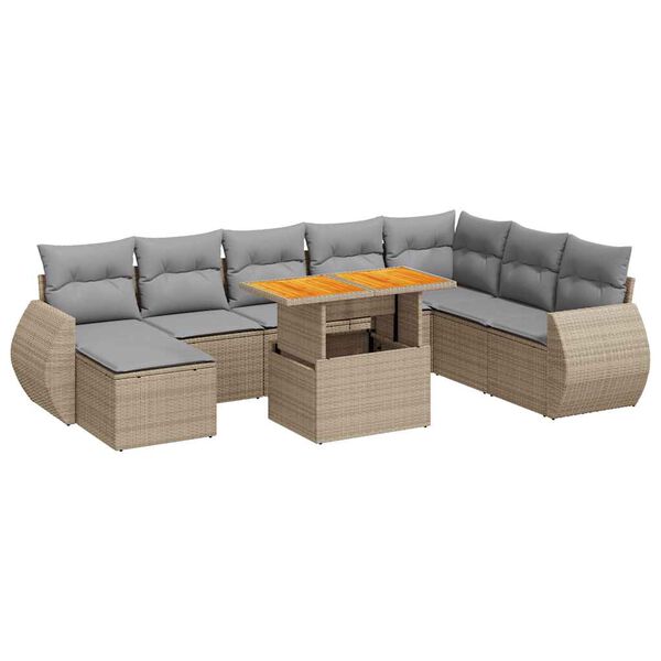 vidaXL 9-delige Loungeset met kussens poly rattan beige