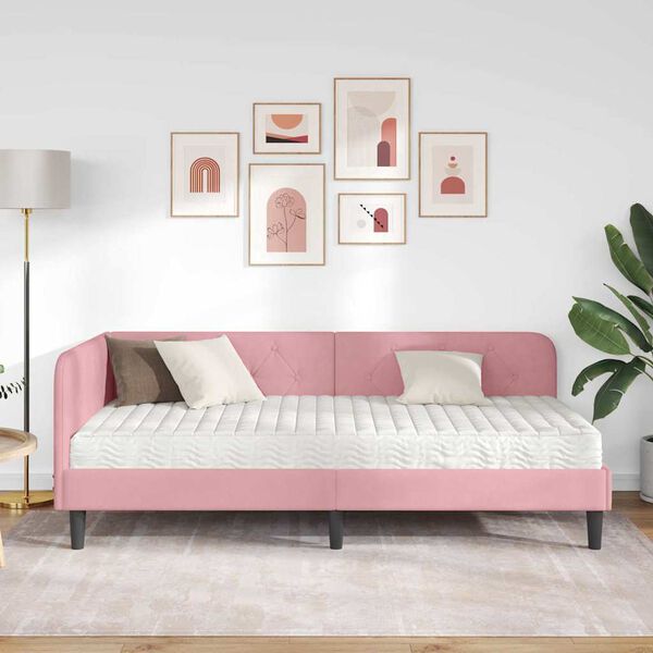 vidaXL Hoekbedframe met matras met hoofdeinde Roze 90 x 200 cm Fluweel