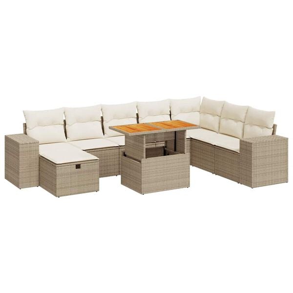 vidaXL 9-delige Loungeset met kussens poly rattan acacia beige