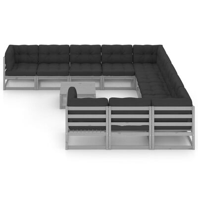 vidaXL 12-delige Loungeset met kussens massief grenenhout grijs
