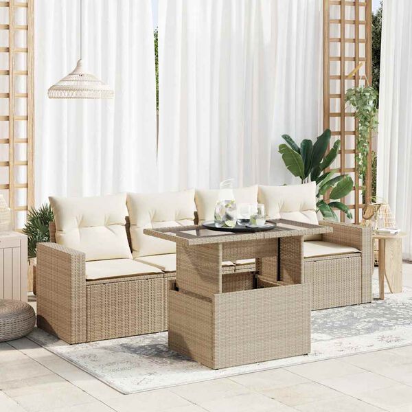 vidaXL 5-delige Loungeset met kussens poly rattan beige