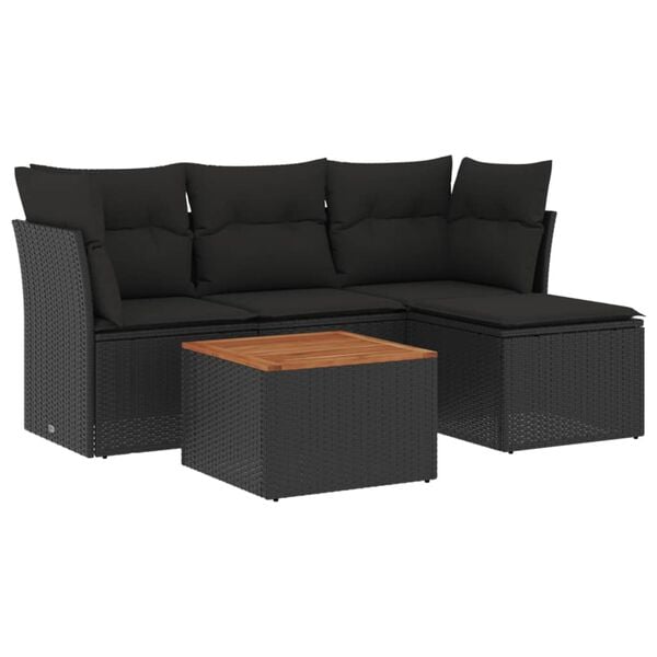 vidaXL 5-delige Loungeset met kussens poly rattan zwart