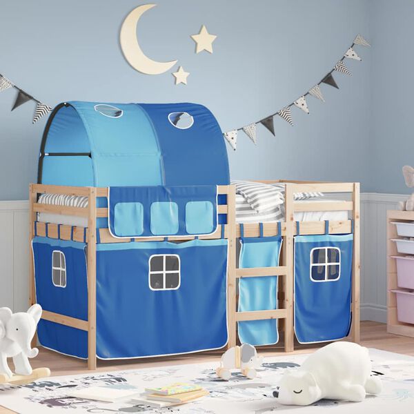 vidaXL Kinderhoogslaper met tunnel 90x200 cm massief grenenhout blauw