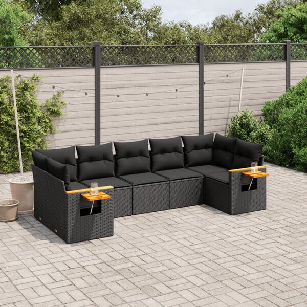 vidaXL 7-delige Loungeset met kussens poly rattan zwart