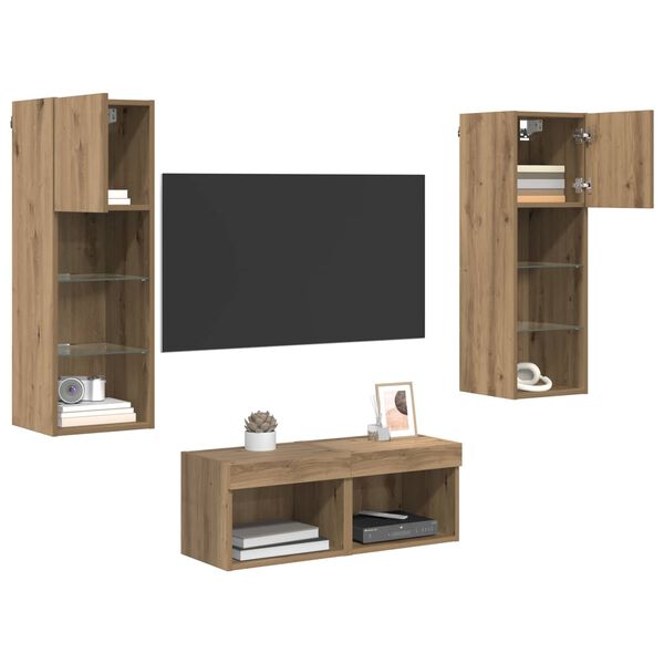 vidaXL TV Wandkasten Wandgemonteerd 4 pcs Zwart Eiken Bewerkt hout