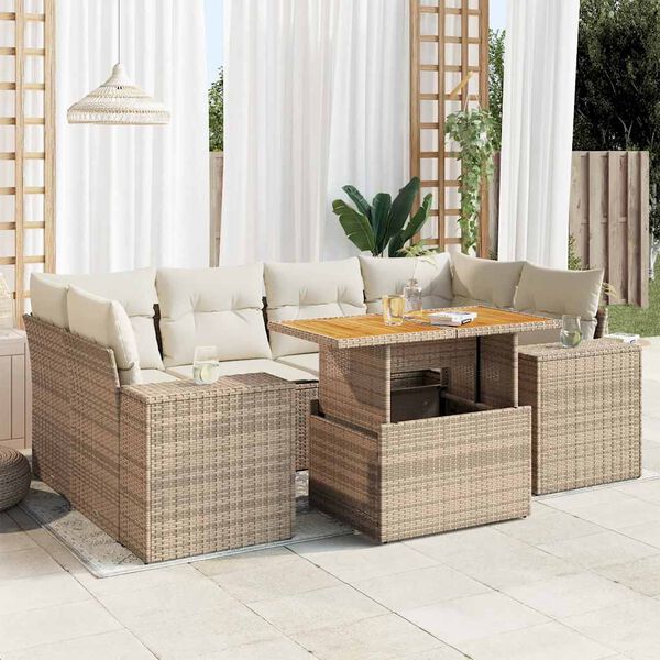 vidaXL 7-delige Loungeset met kussens poly rattan beige