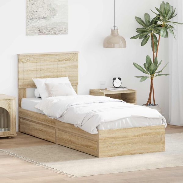 vidaXL Opslag bed met hoofdeinde Sonoma Eiken 75 x 190 cm Bewerkt hout
