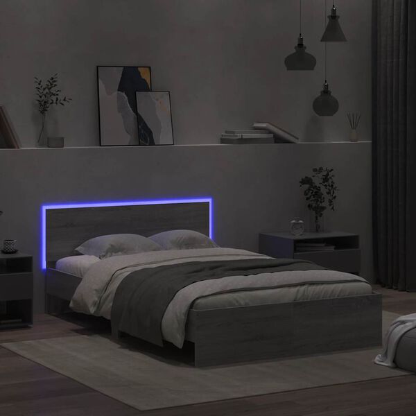vidaXL Bedframe met hoofdeinde en LED grijs sonoma eiken 135x190 cm