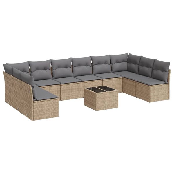 vidaXL 11-delige Tuinset met kussens poly rattan beige